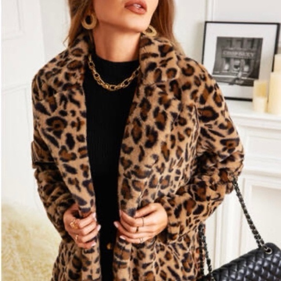 leopard animal print plush coat lapel jacket - Picture 2 of 5